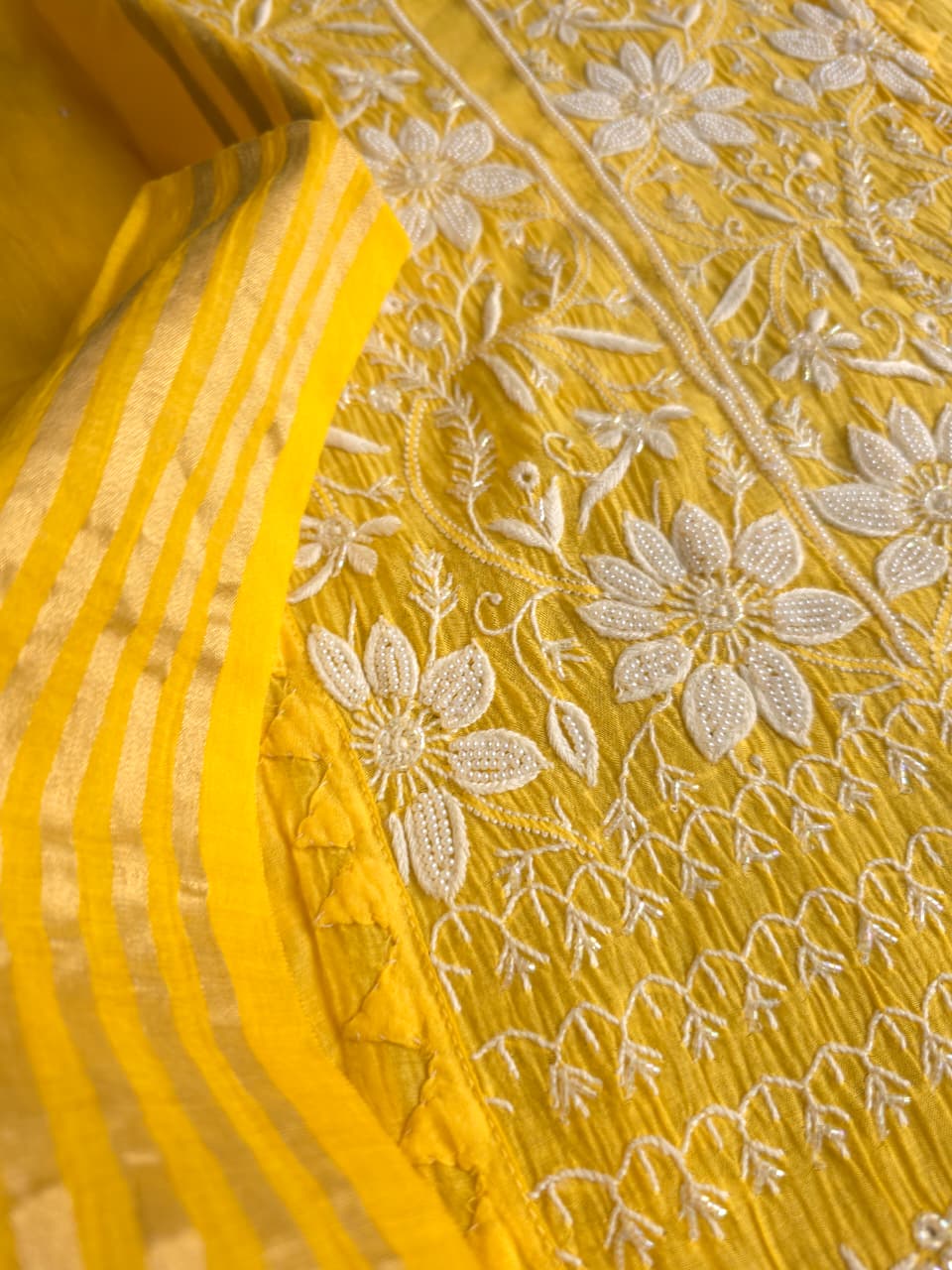 Mango yellow Mul chanderi Kurta dupatta with intricate chikankari and add on