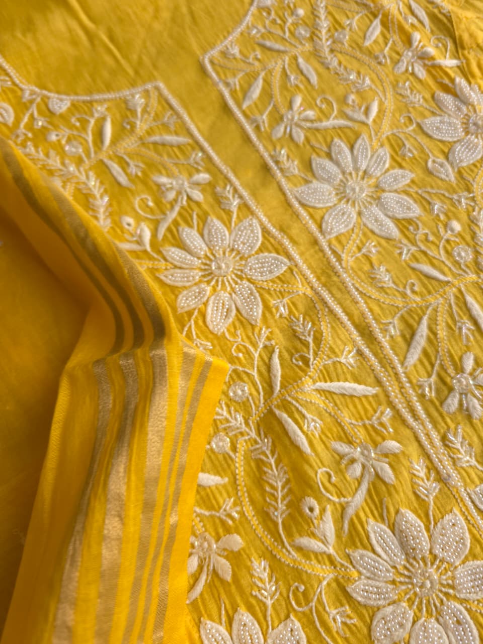 Mango yellow Mul chanderi Kurta dupatta with intricate chikankari and add on
