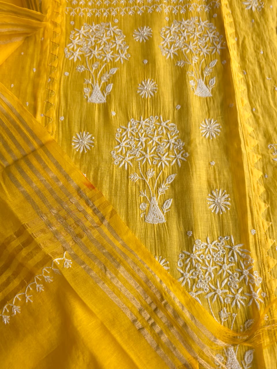 Mango yellow Mul chanderi Kurta dupatta with intricate chikankari and add on