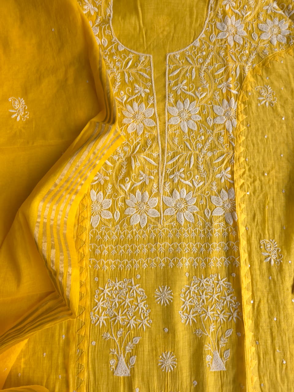 Mango yellow Mul chanderi Kurta dupatta with intricate chikankari and add on