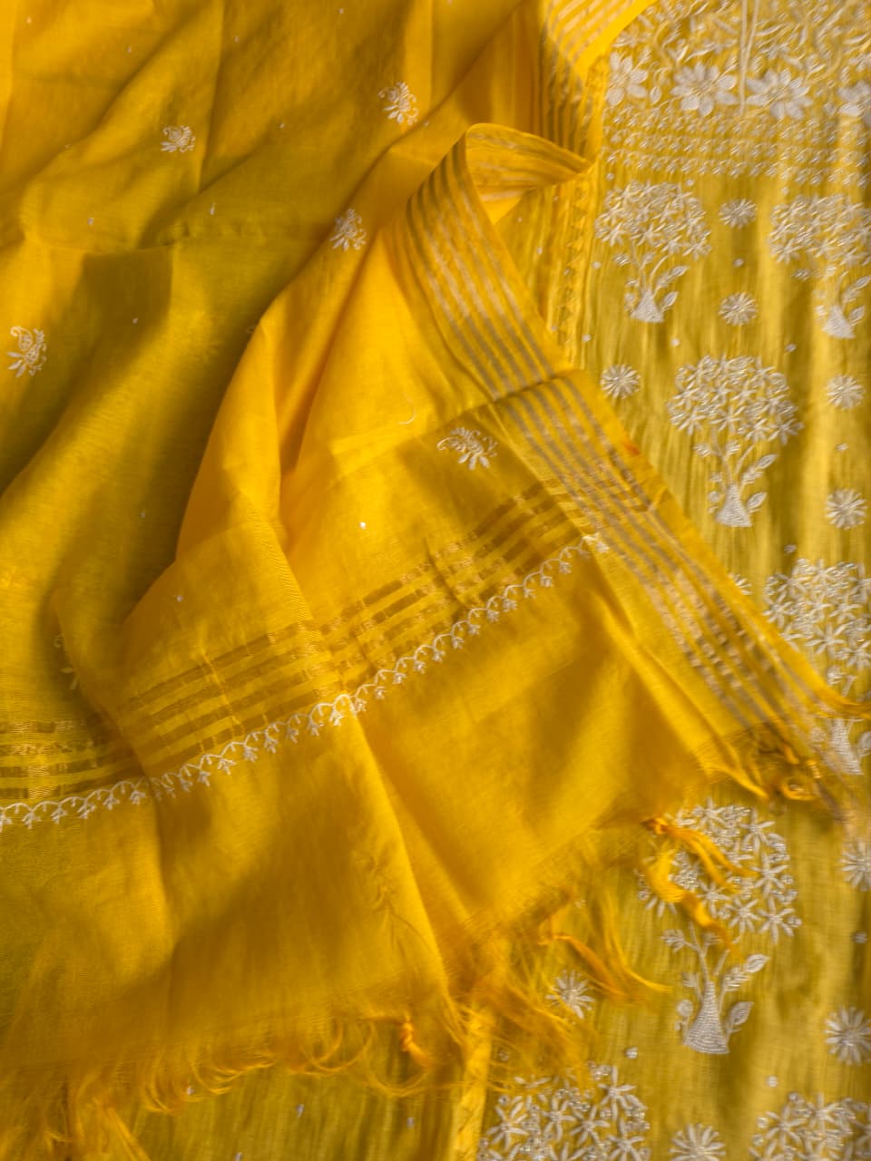 Mango yellow Mul chanderi Kurta dupatta with intricate chikankari and add on