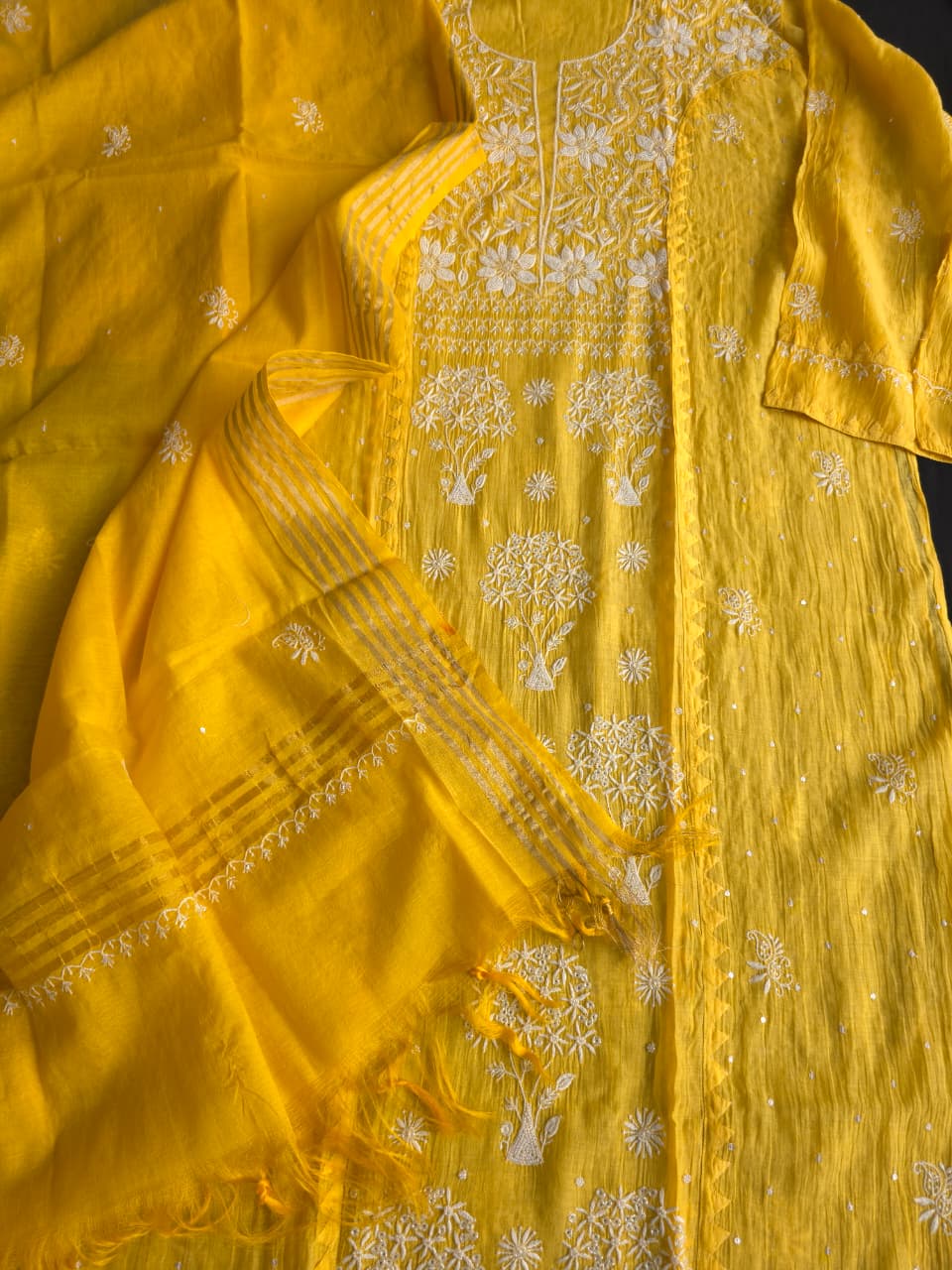 Mango yellow Mul chanderi Kurta dupatta with intricate chikankari and add on