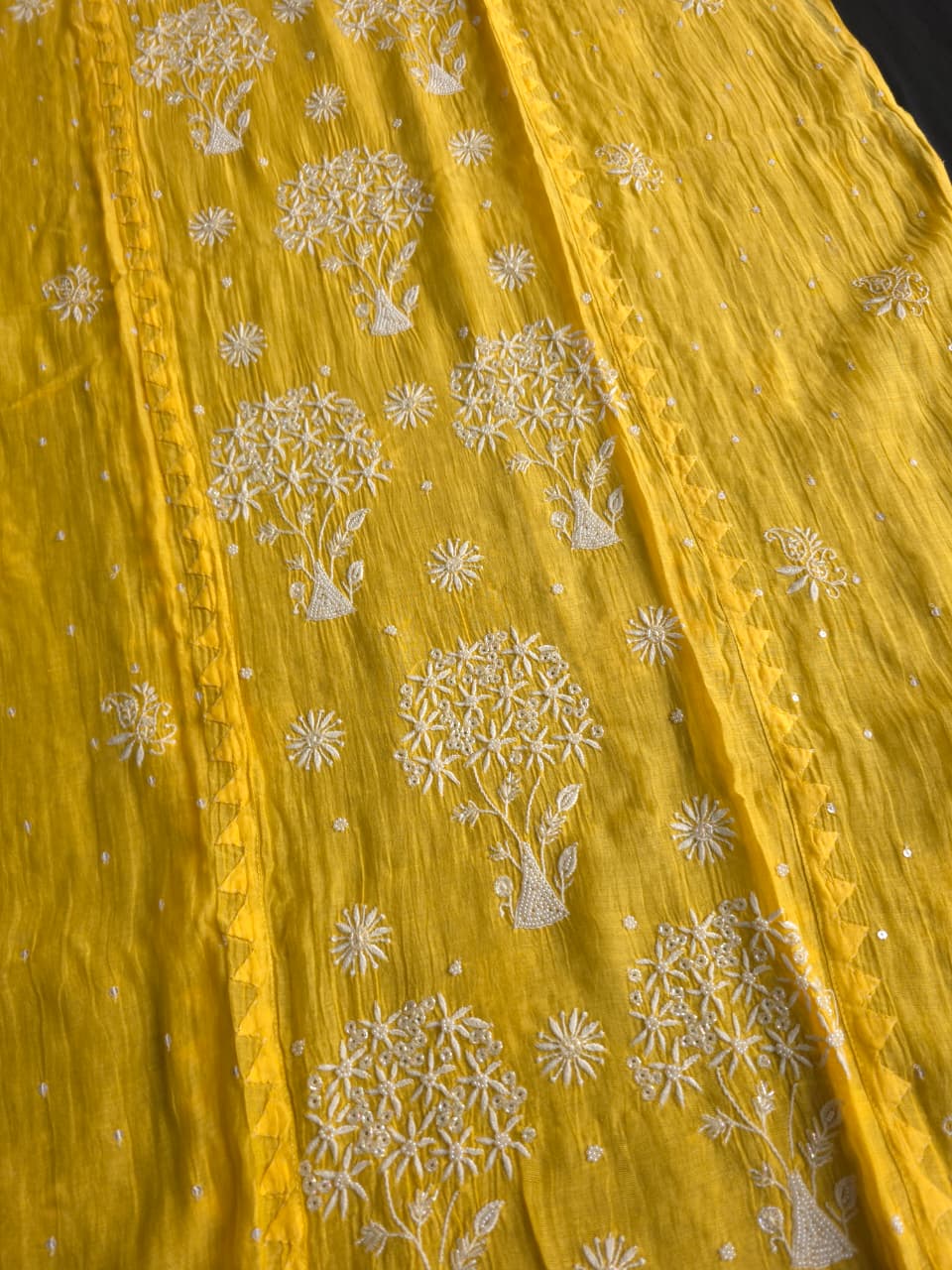 Mango yellow Mul chanderi Kurta dupatta with intricate chikankari and add on