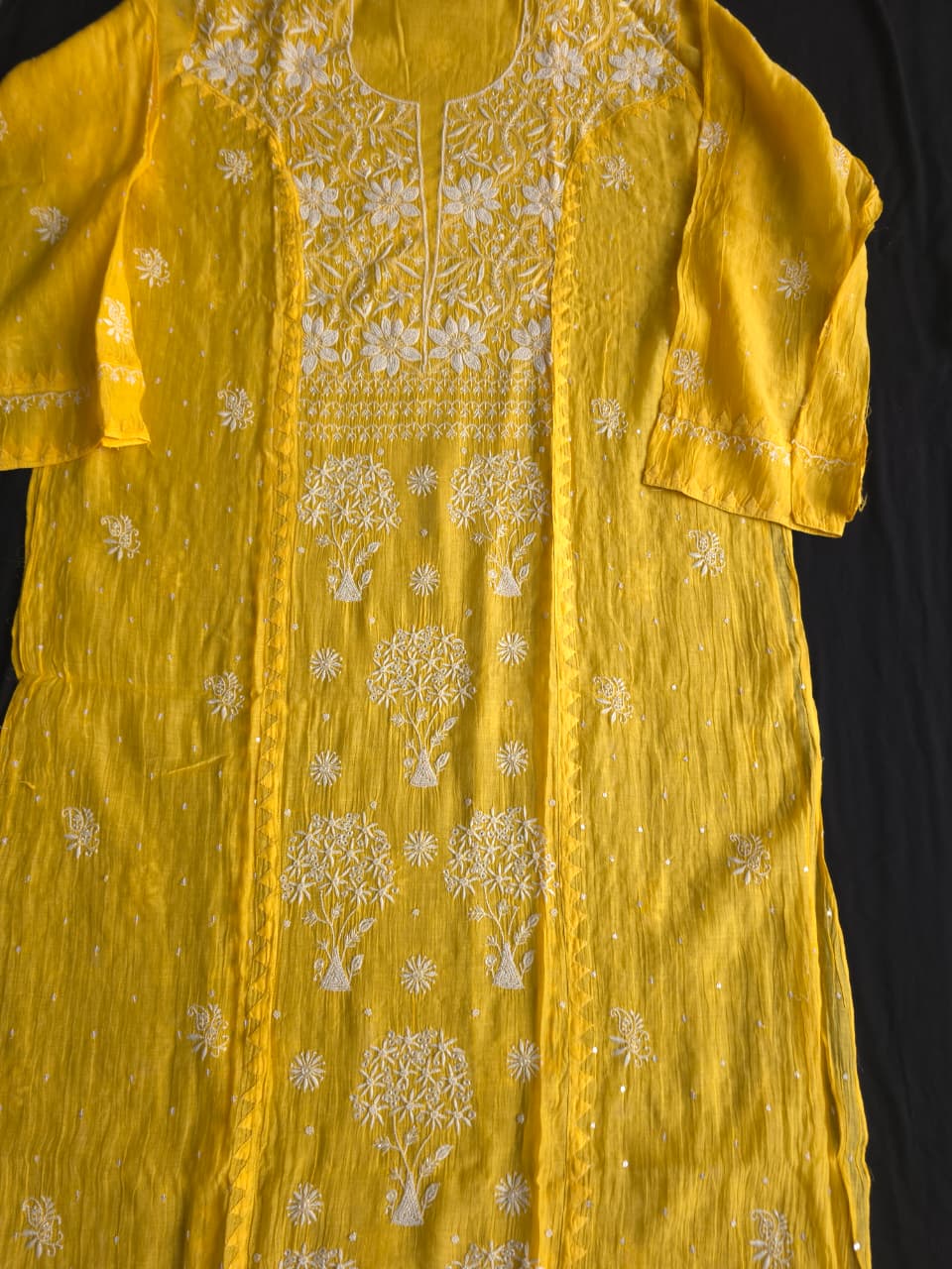 Mango yellow Mul chanderi Kurta dupatta with intricate chikankari and add on