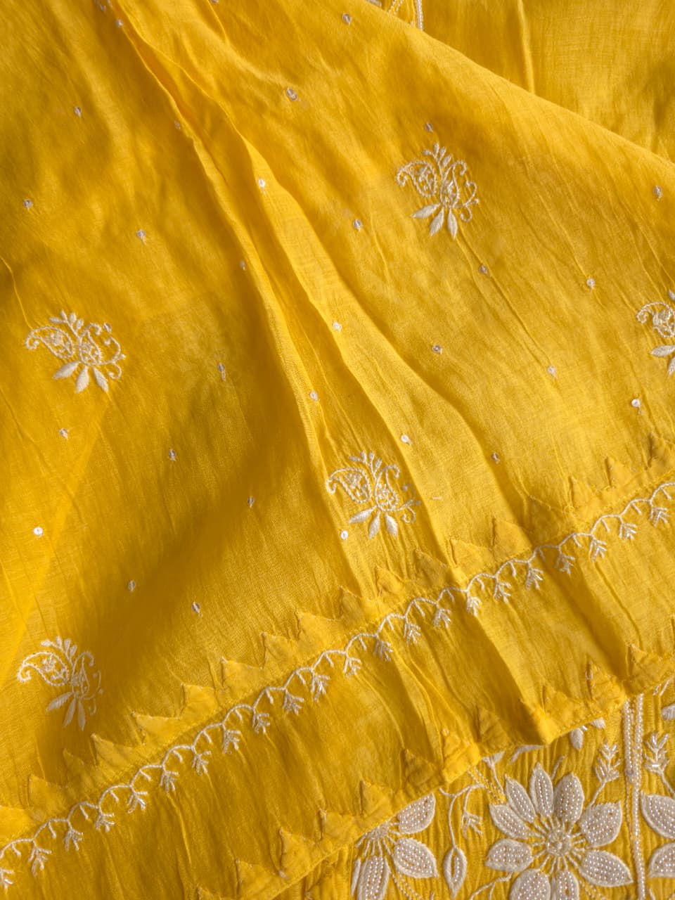 Mango yellow Mul chanderi Kurta dupatta with intricate chikankari and add on