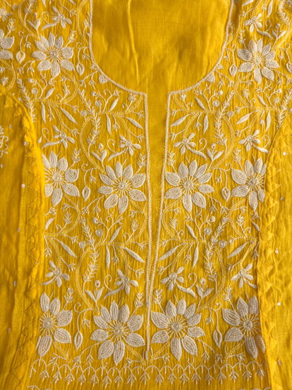 Mango yellow Mul chanderi Kurta dupatta with intricate chikankari and add on