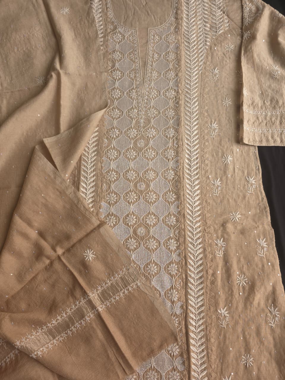 Ombre Dyed Brown Pure zari tissue Kurta and dupatta set with handwork