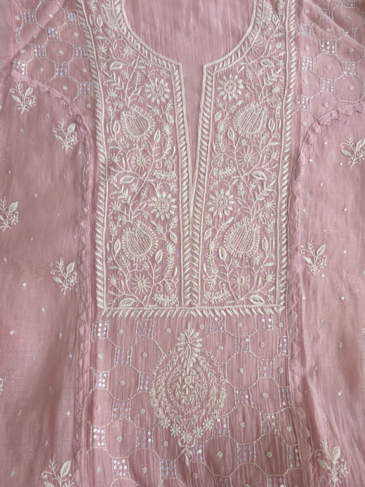 Image of Dusty Mauve Mul Chanderi Kurta and dupatta set with Intricate Handwork
