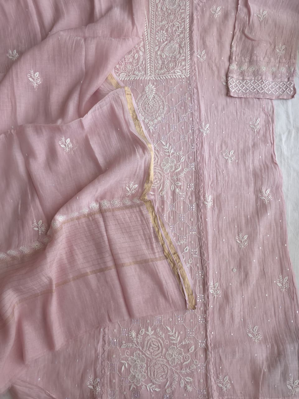 Dusty Mauve Mul Chanderi Kurta and dupatta set with Intricate Handwork