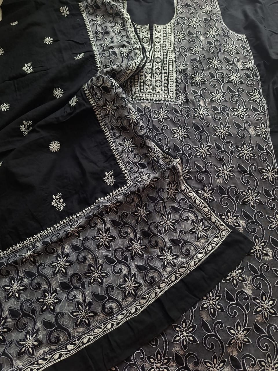 Black Mul Cotton Kurta dupatta set with cutwork and chikankari