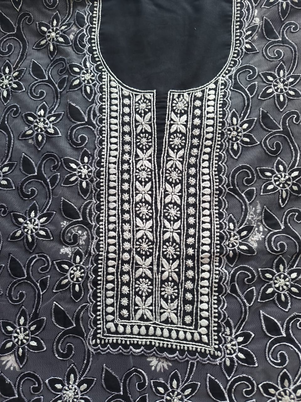 Black Mul Cotton Kurta dupatta set with cutwork and chikankari