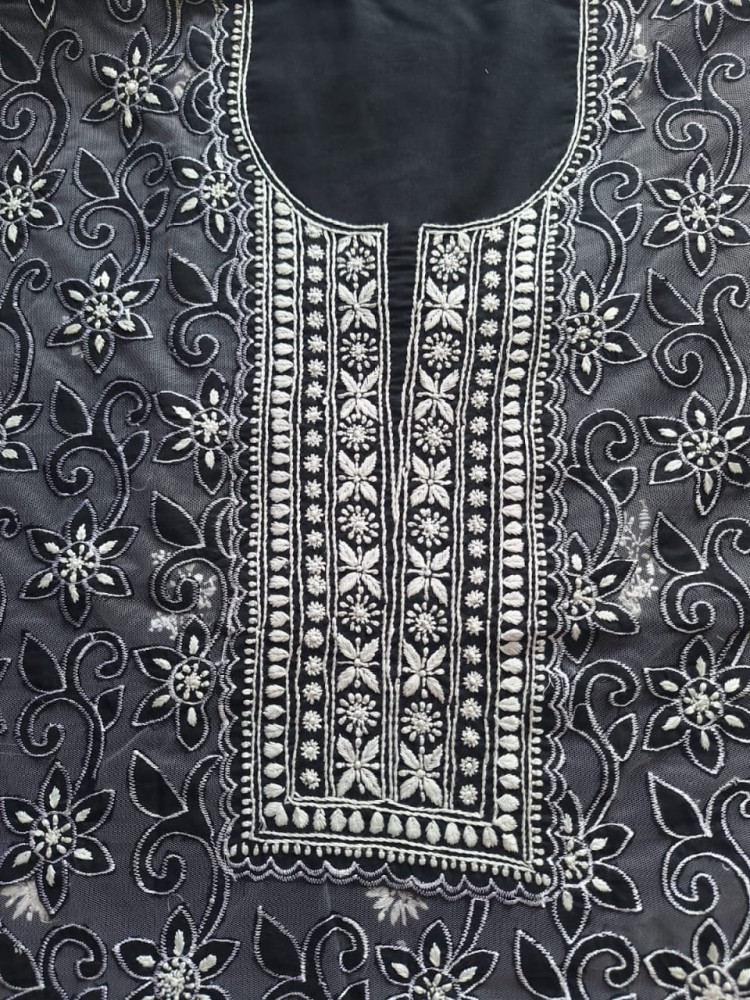 Image of Black Mul Cotton Kurta dupatta set with cutwork and chikankari