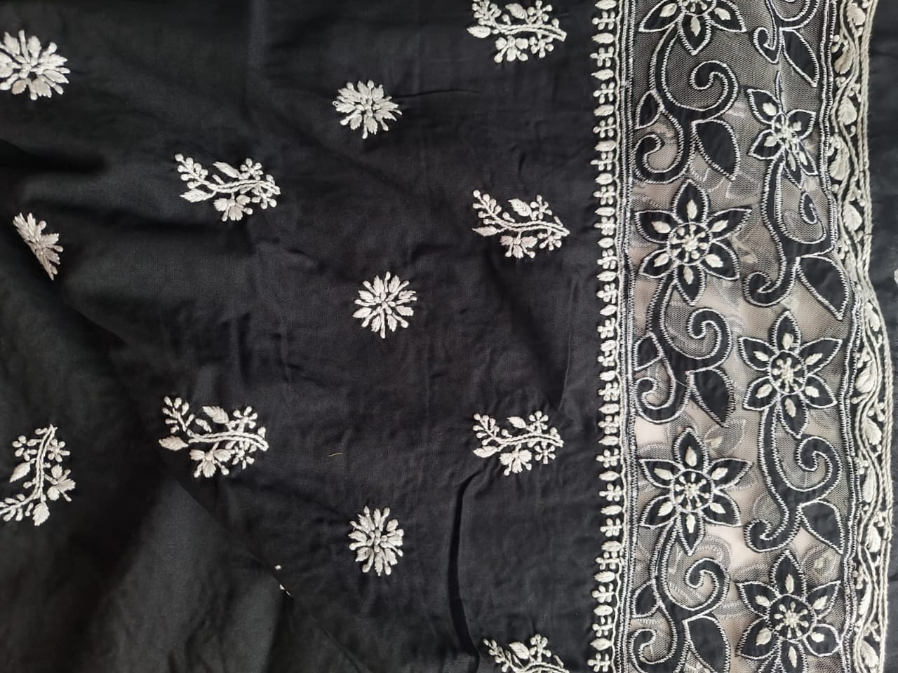 Black Mul Cotton Kurta dupatta set with cutwork and chikankari