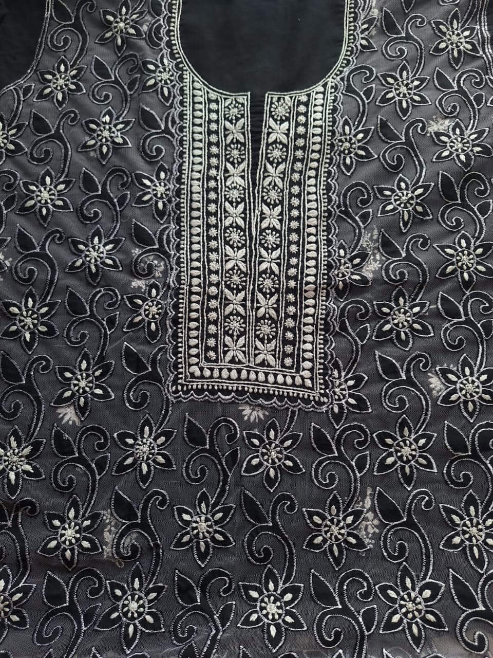 Black Mul Cotton Kurta dupatta set with cutwork and chikankari