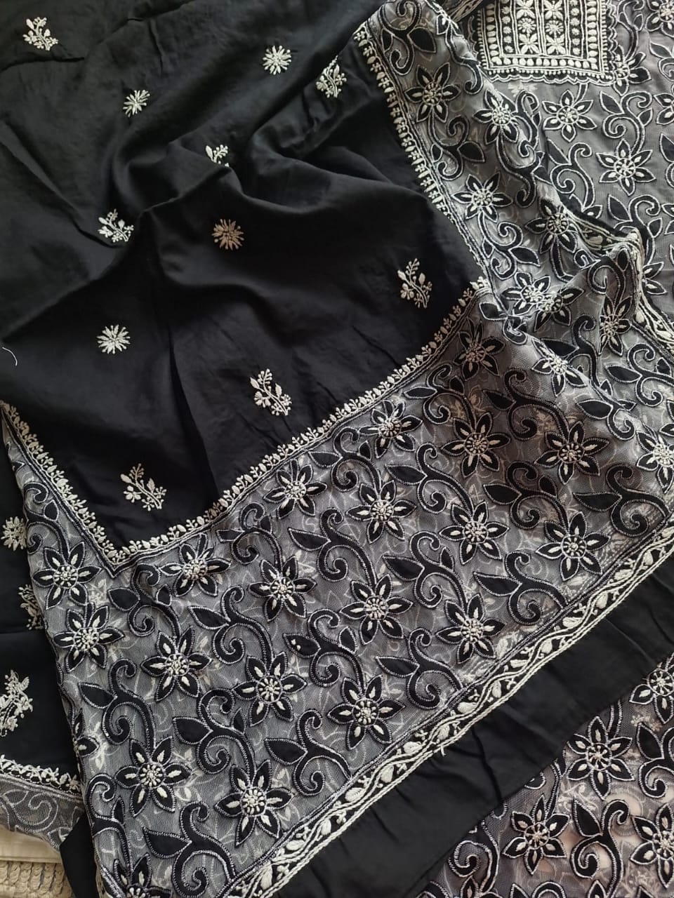 Black Mul Cotton Kurta dupatta set with cutwork and chikankari