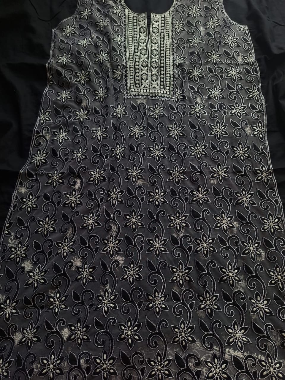 Black Mul Cotton Kurta dupatta set with cutwork and chikankari