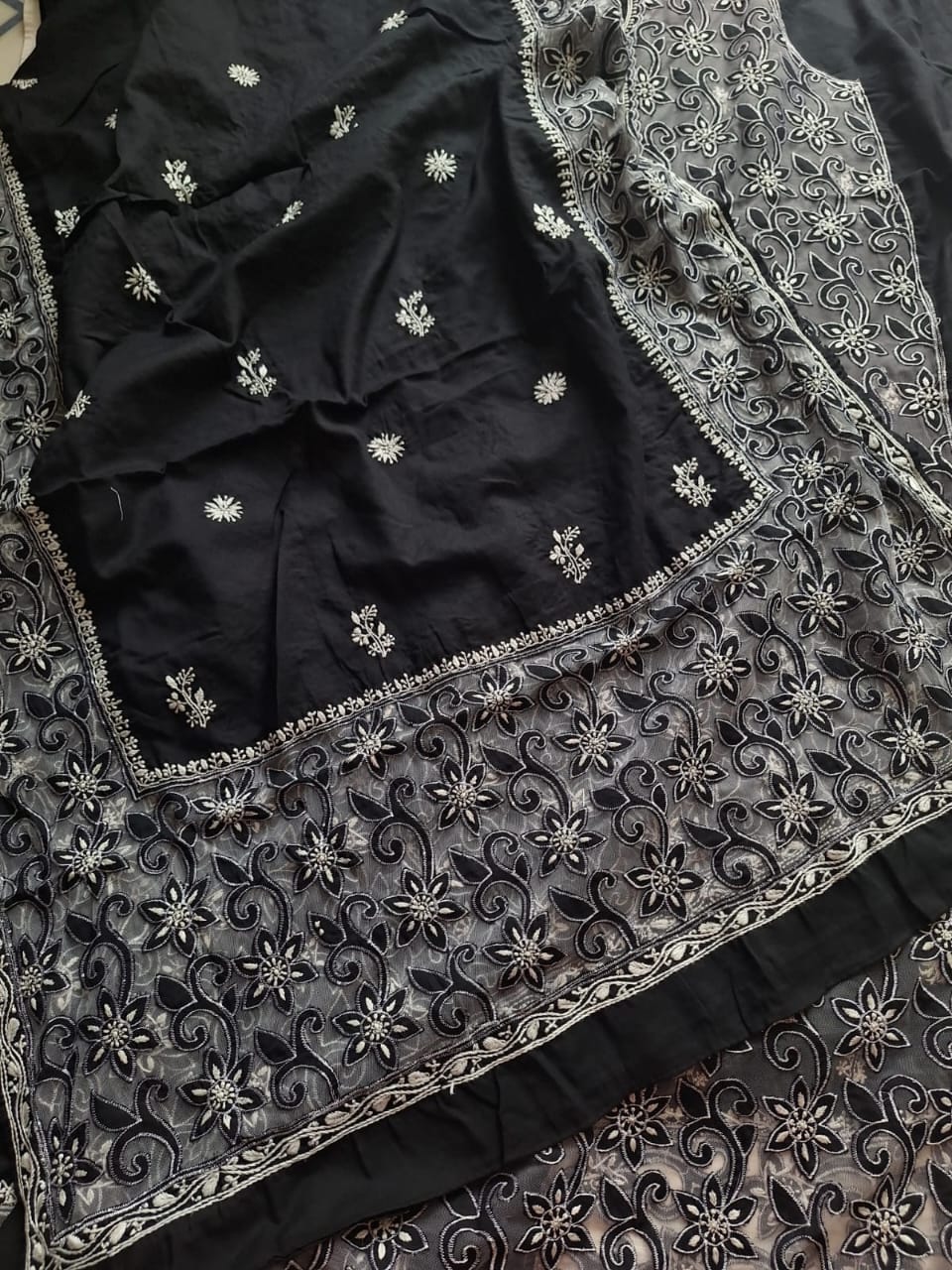 Black Mul Cotton Kurta dupatta set with cutwork and chikankari