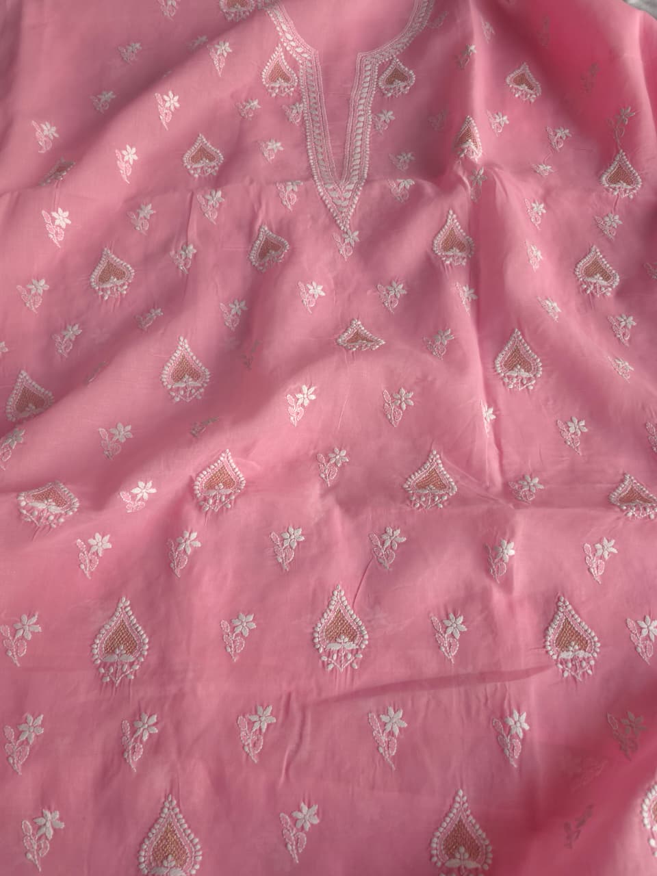 Candy Pink Cotton Voil Kurta fabric with Chikankari and Kasab Jaaliwork