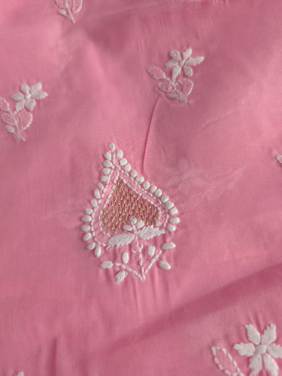 Candy Pink Cotton Voil Kurta fabric with Chikankari and Kasab Jaaliwork