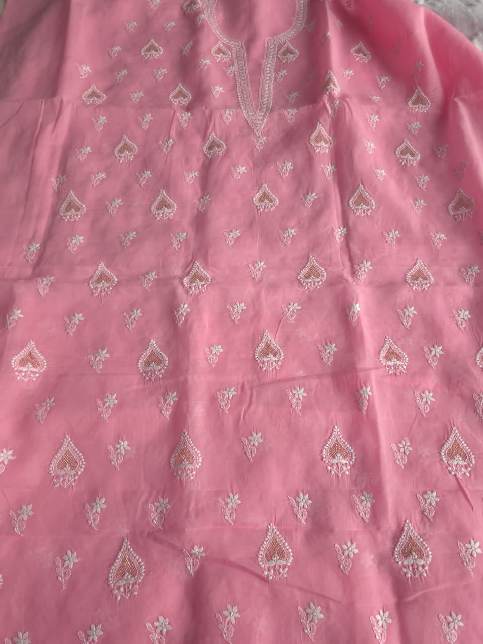 Candy Pink Cotton Voil Kurta fabric with Chikankari and Kasab Jaaliwork