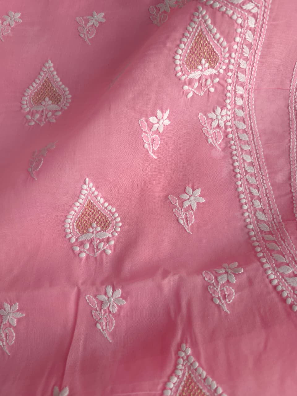 Candy Pink Cotton Voil Kurta fabric with Chikankari and Kasab Jaaliwork