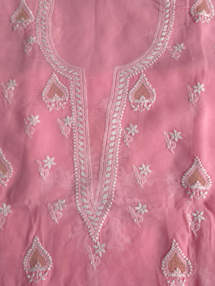 Image of Candy Pink Cotton Voil Kurta fabric with Chikankari and Kasab Jaaliwork