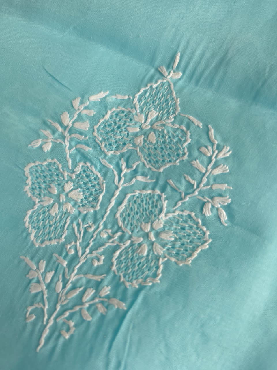 Sky Blue cotton kurta fabric with fine handwork and Jaaliwork