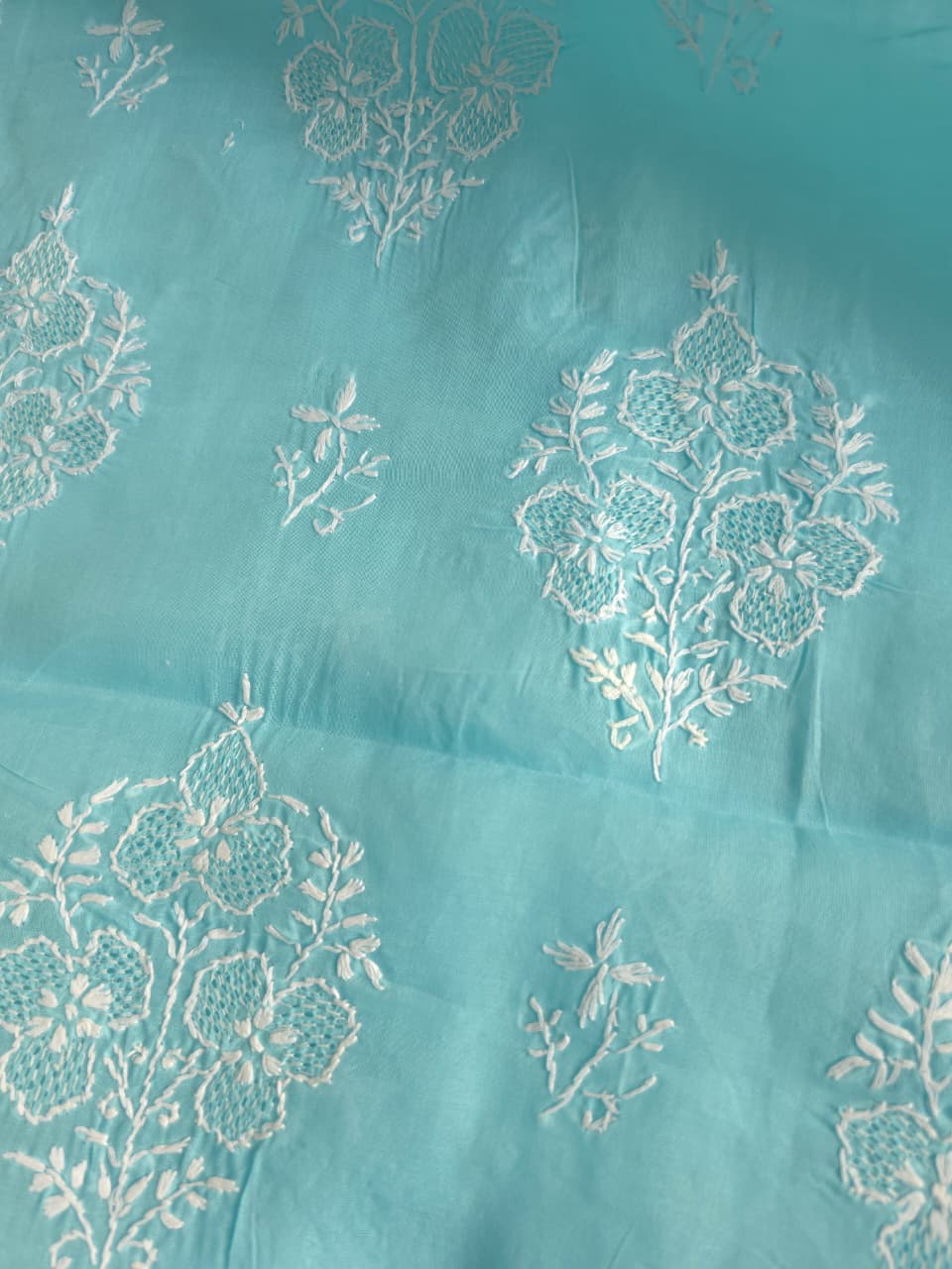 Sky Blue cotton kurta fabric with fine handwork and Jaaliwork