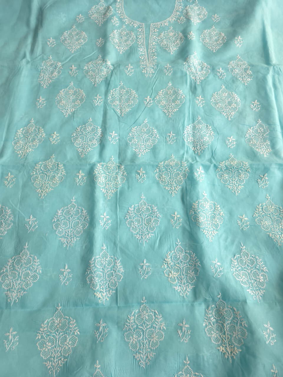Sky Blue cotton kurta fabric with fine handwork and Jaaliwork