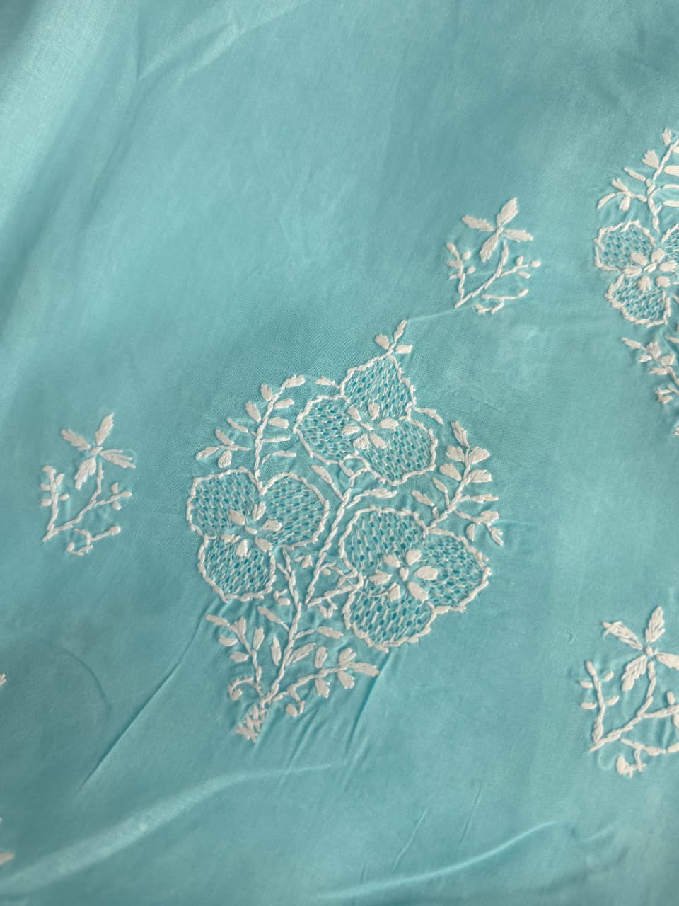 Sky Blue cotton kurta fabric with fine handwork and Jaaliwork