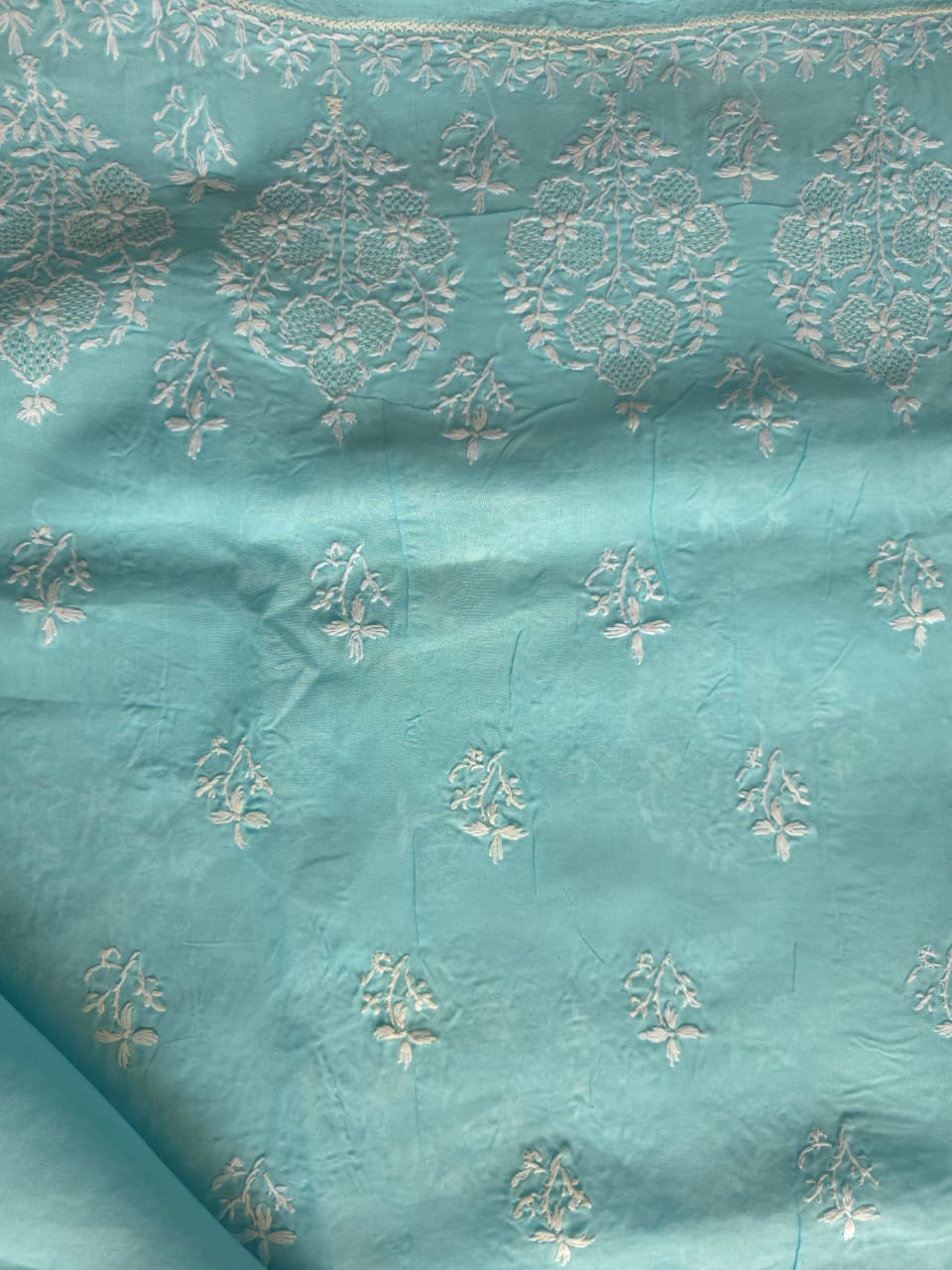 Sky Blue cotton kurta fabric with fine handwork and Jaaliwork