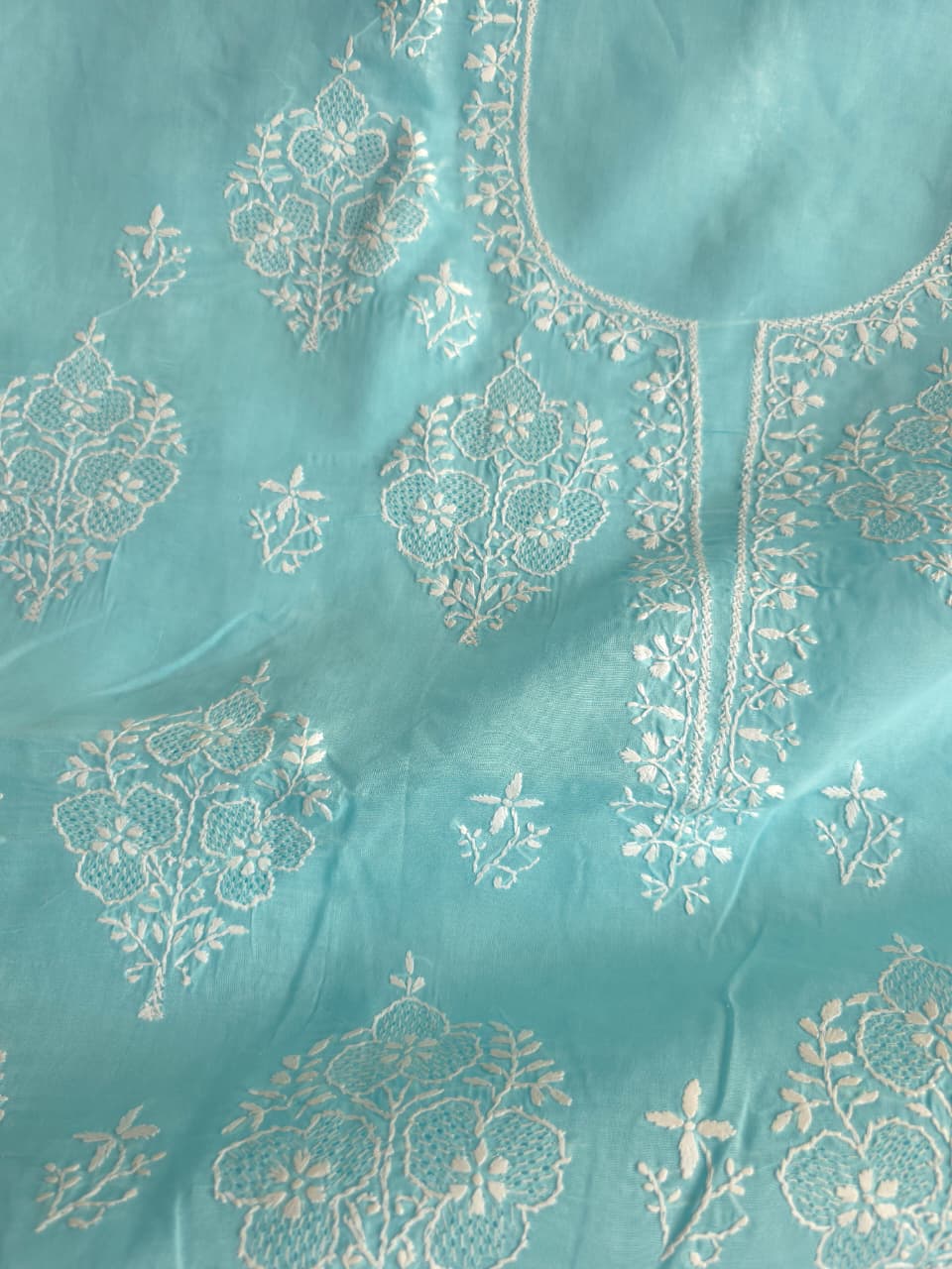 Sky Blue cotton kurta fabric with fine handwork and Jaaliwork