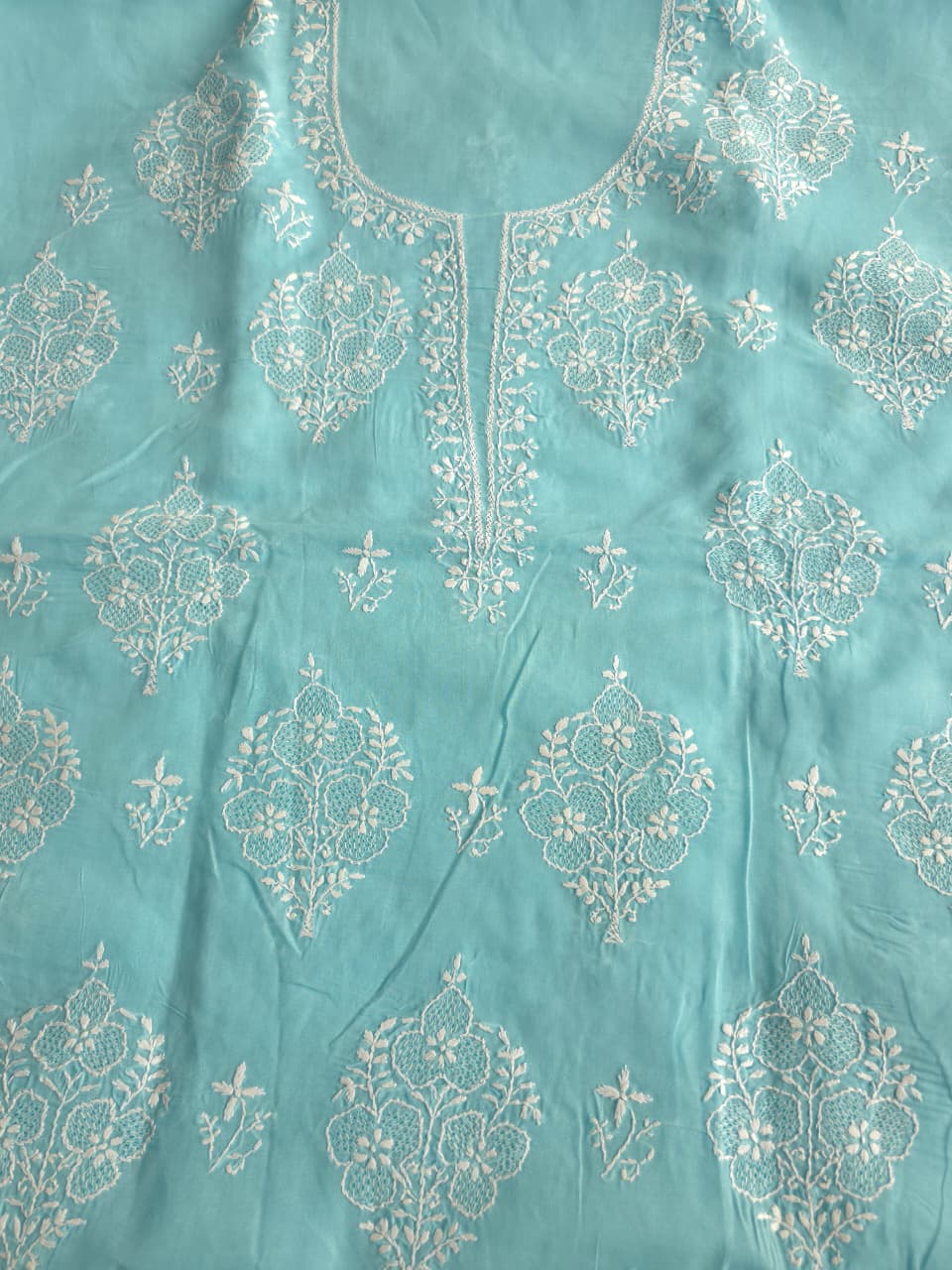 Sky Blue cotton kurta fabric with fine handwork and Jaaliwork