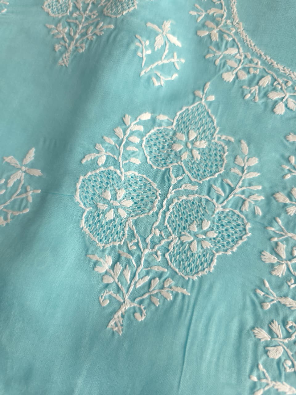 Sky Blue cotton kurta fabric with fine handwork and Jaaliwork