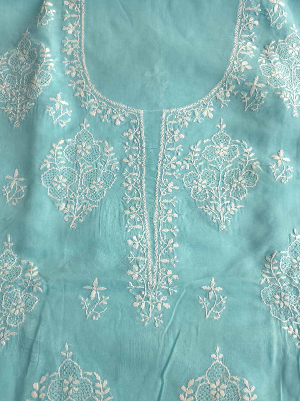 Sky Blue cotton kurta fabric with fine handwork and Jaaliwork