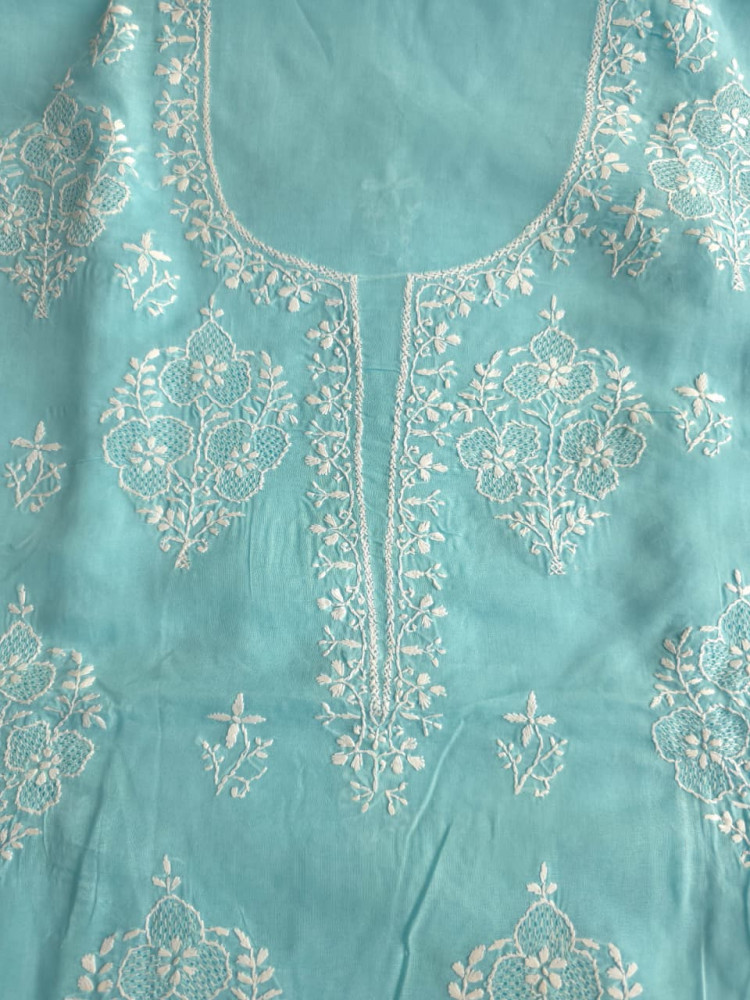 Image of Sky Blue cotton kurta fabric with fine handwork and Jaaliwork