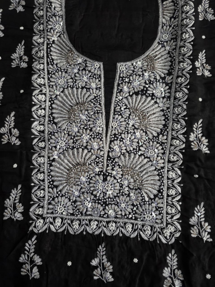 Image of Mul Cotton Kurta Fabric with chikankari and embellishments