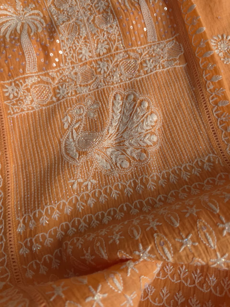 Light orange Mul chanderi Kurta dupatta with fine handwork