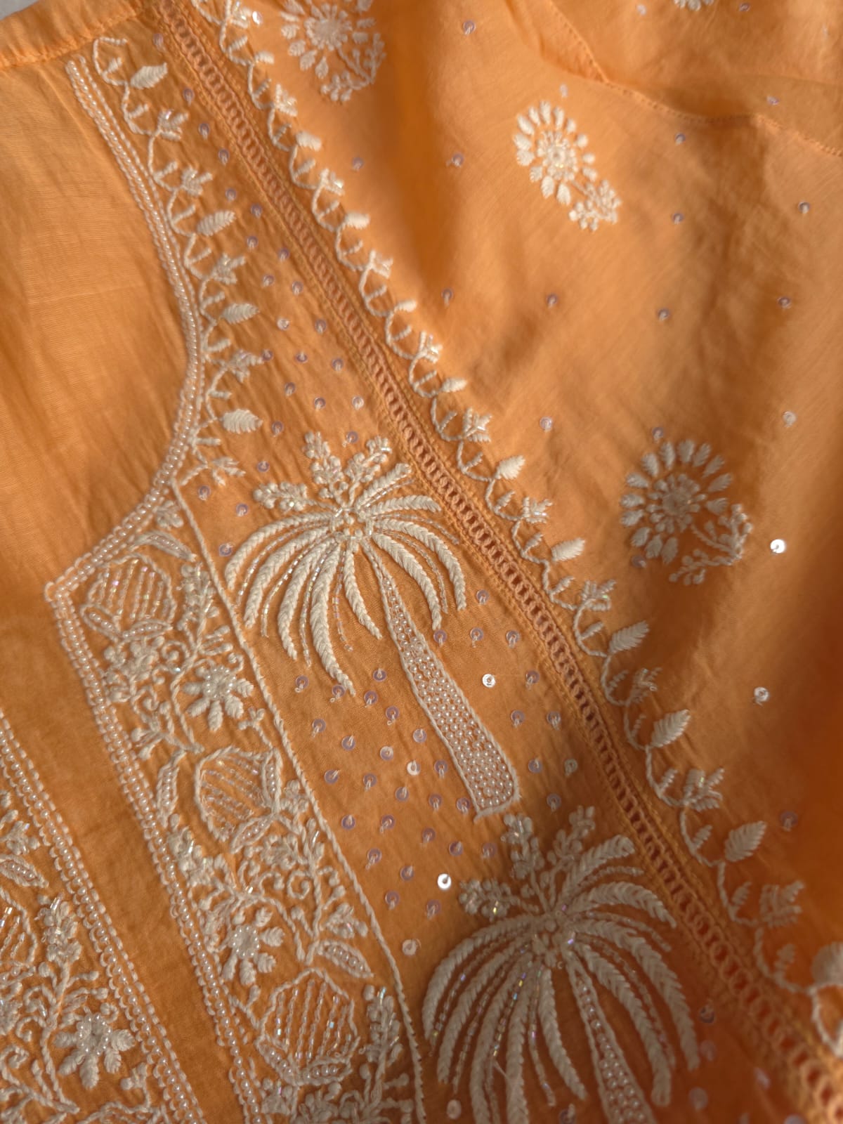 Light orange Mul chanderi Kurta dupatta with fine handwork