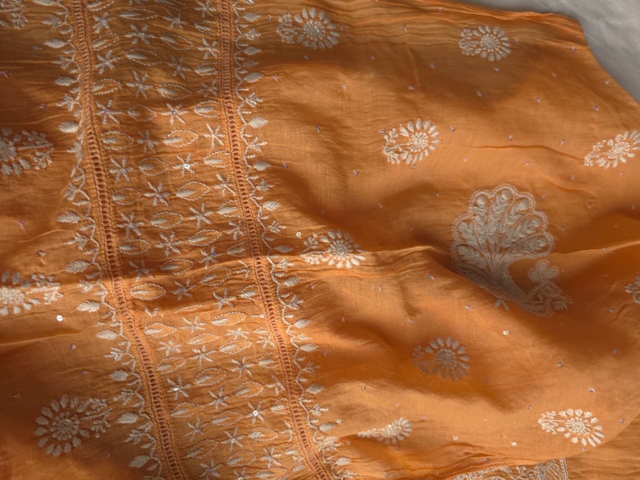 Light orange Mul chanderi Kurta dupatta with fine handwork