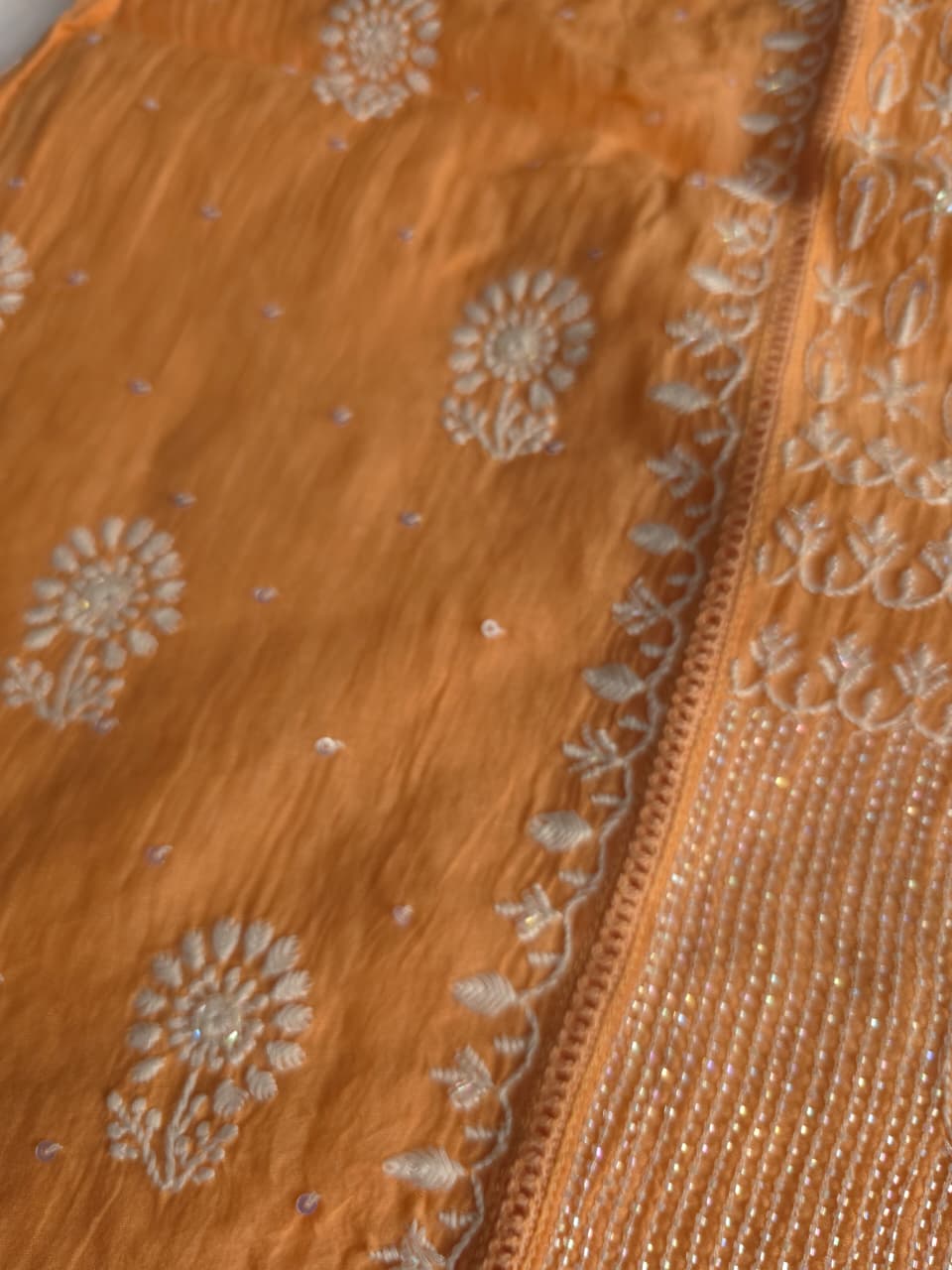 Light orange Mul chanderi Kurta dupatta with fine handwork