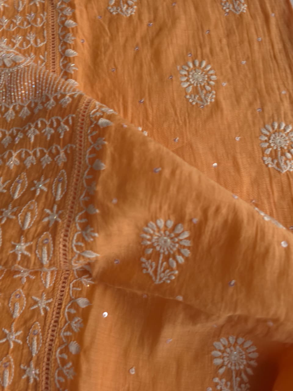 Light orange Mul chanderi Kurta dupatta with fine handwork
