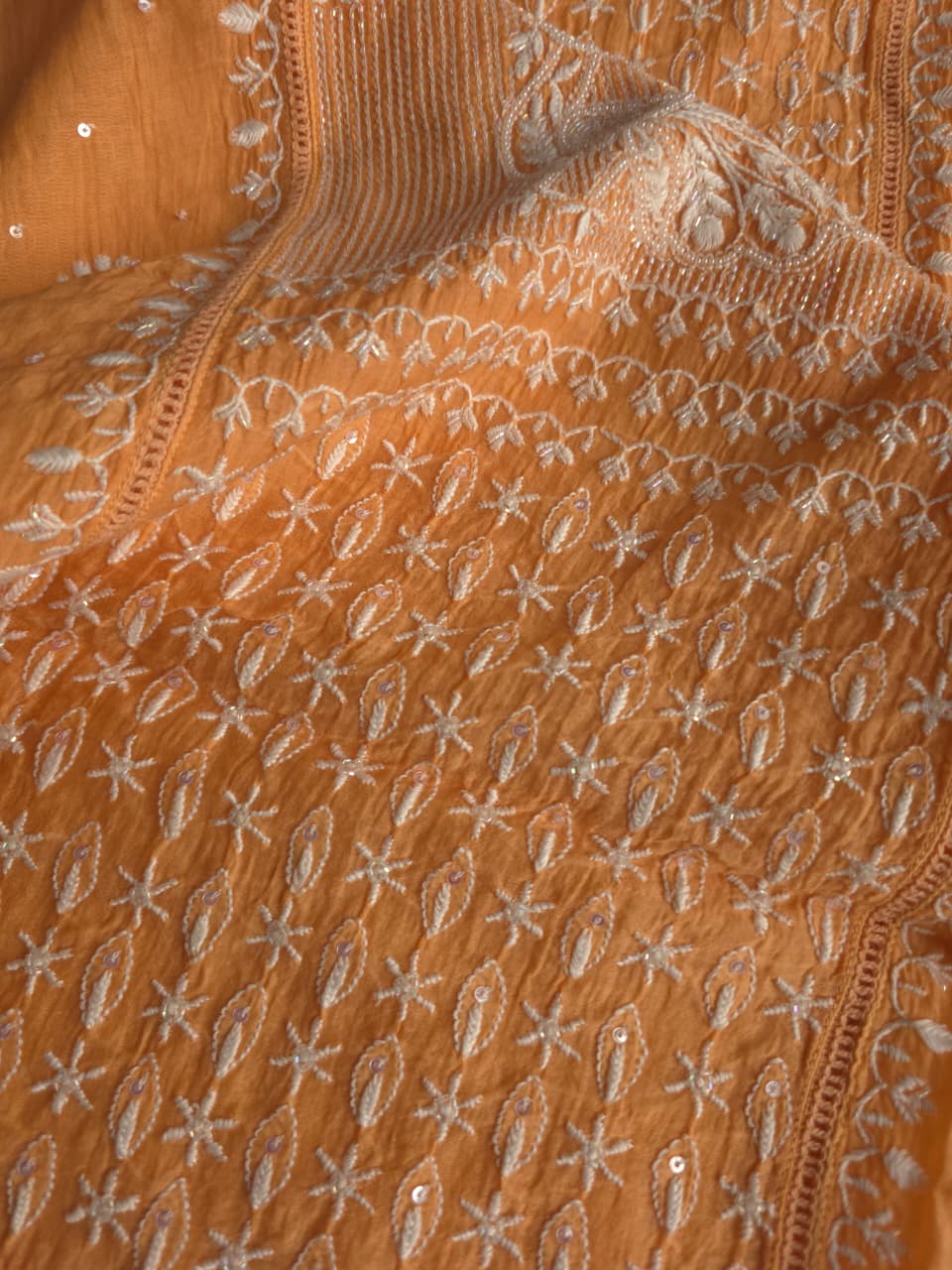 Light orange Mul chanderi Kurta dupatta with fine handwork