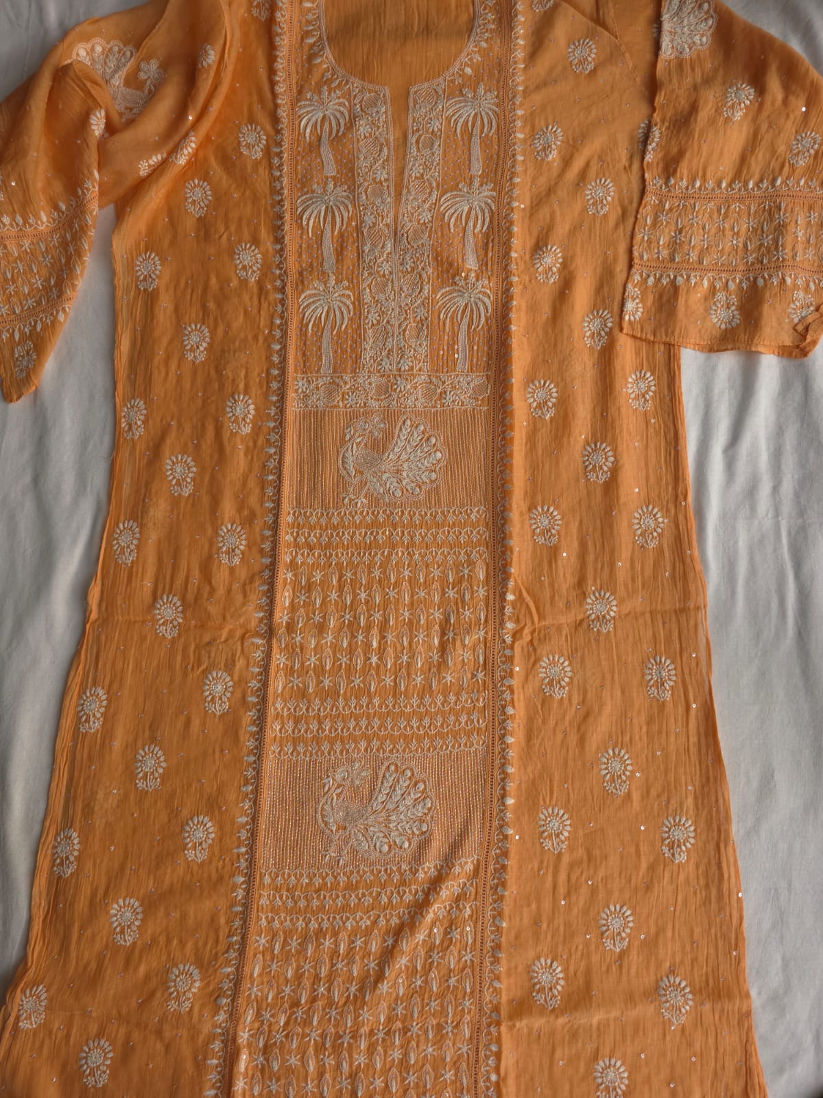 Light orange Mul chanderi Kurta dupatta with fine handwork