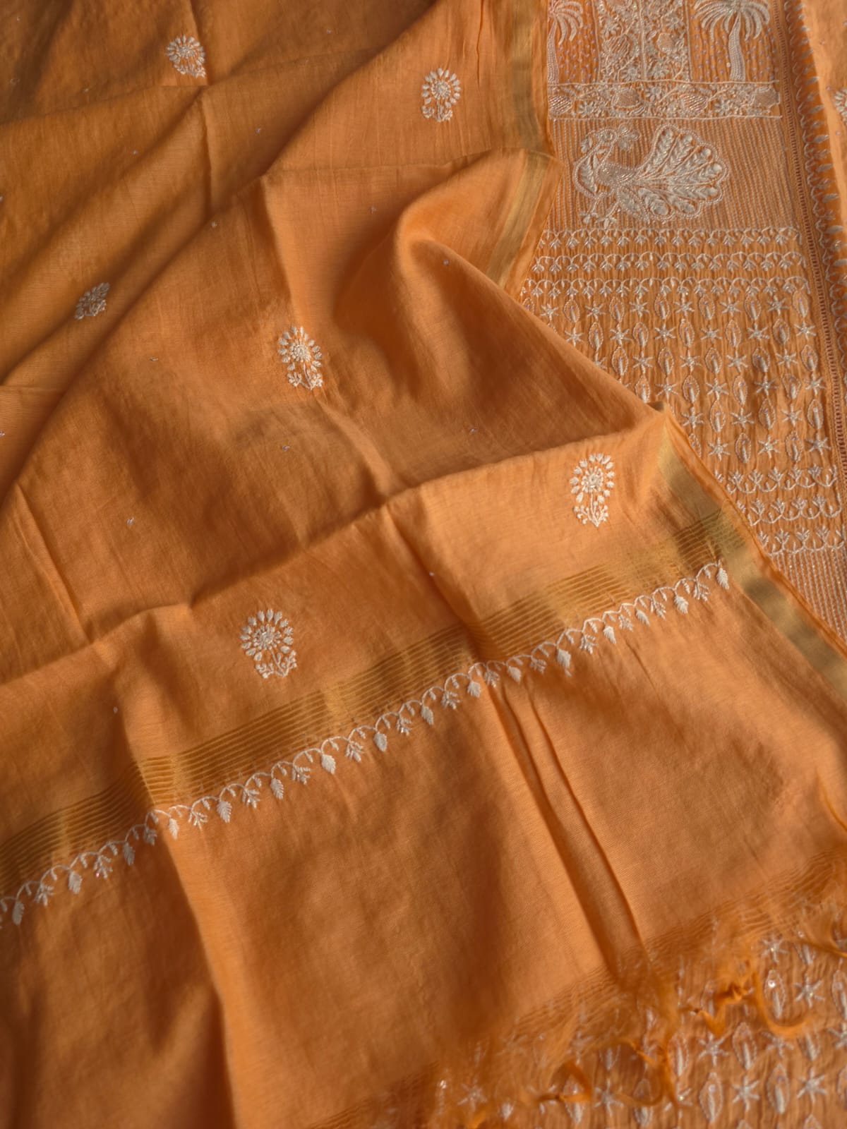 Light orange Mul chanderi Kurta dupatta with fine handwork