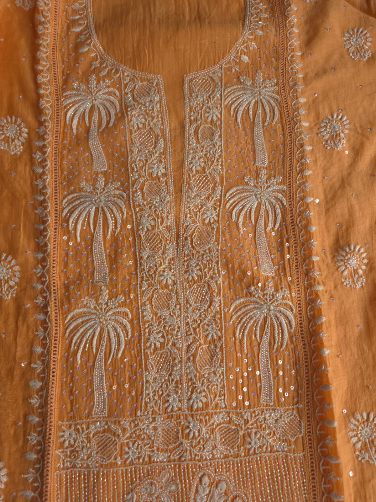 Light orange Mul chanderi Kurta dupatta with fine handwork