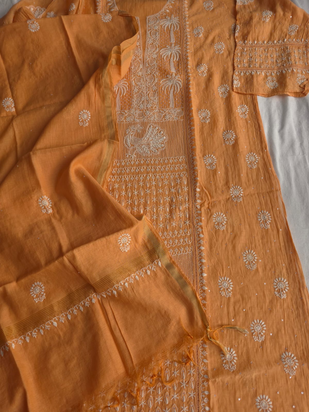Light orange Mul chanderi Kurta dupatta with fine handwork