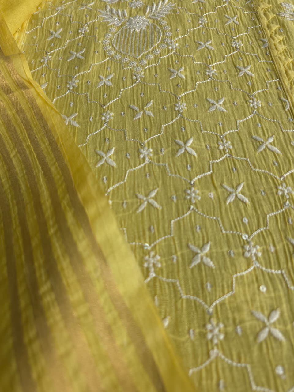 Olive Yellow mul chanderi Kurta dupatta set with extremly fine chikanwork
