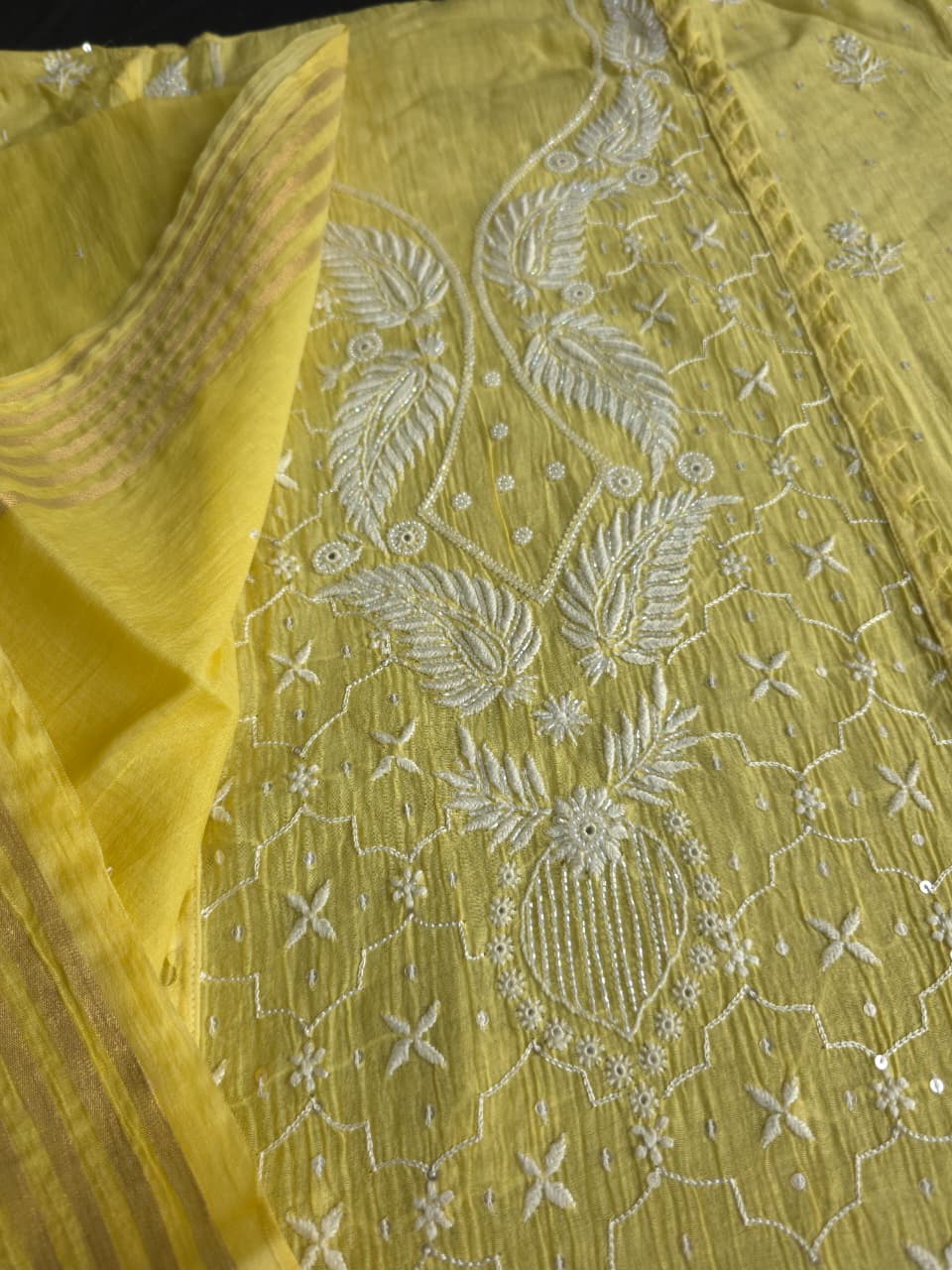 Olive Yellow mul chanderi Kurta dupatta set with extremly fine chikanwork