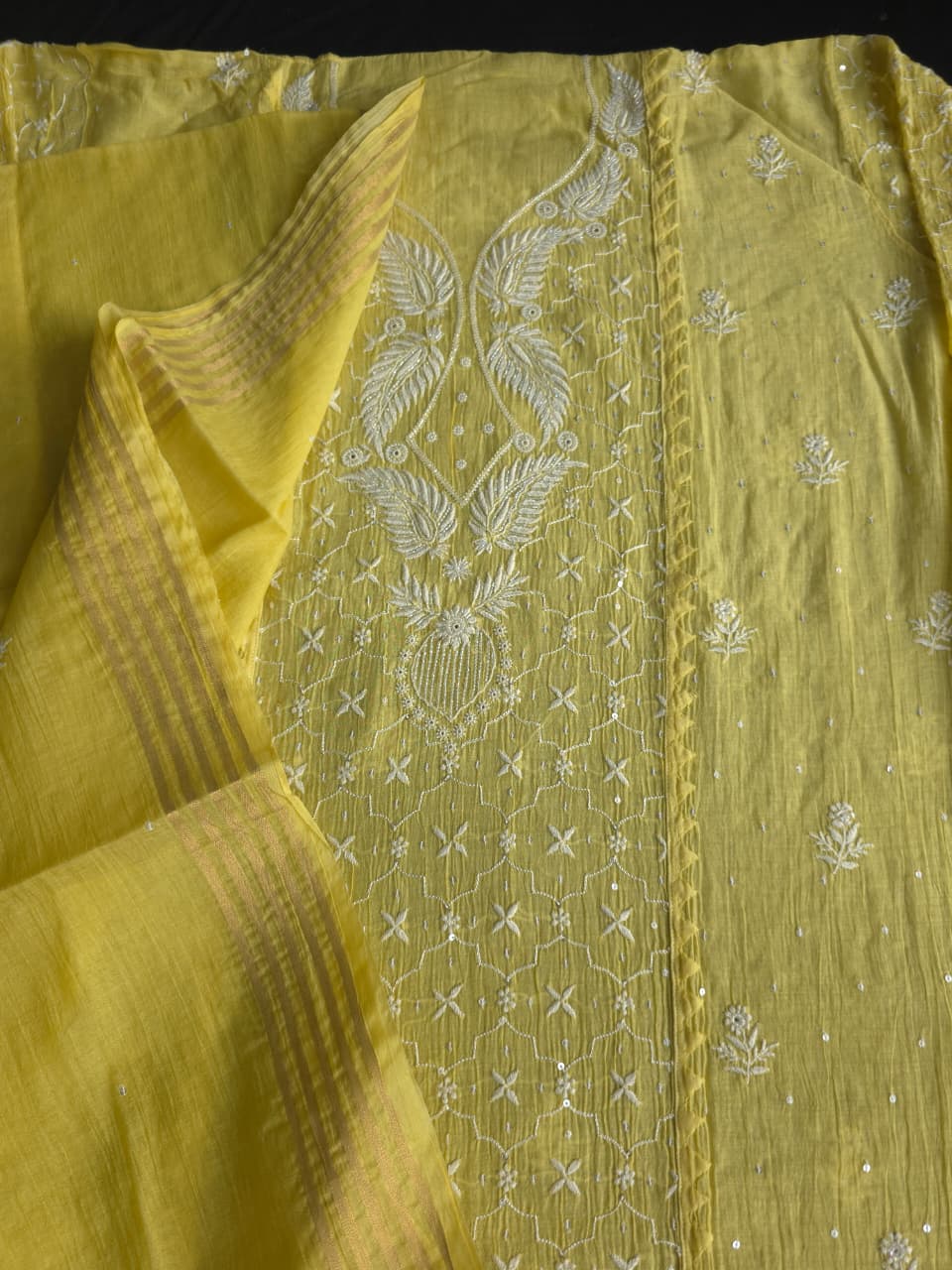 Olive Yellow mul chanderi Kurta dupatta set with extremly fine chikanwork